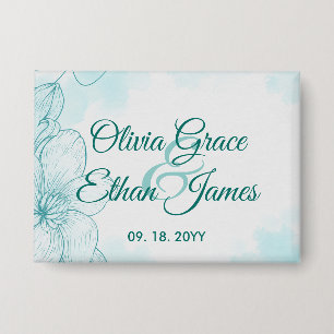Elegante türkisfarbene Aquarell-Blumen-Hochzeitsei Button