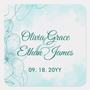 Elegante türkisfarbene Aquarell-Blumen-Hochzeitsei Quadratischer Aufkleber