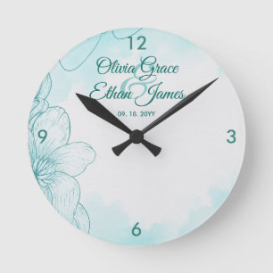 Elegante türkisfarbene Aquarell-Blumen-Hochzeitsei Runde Wanduhr