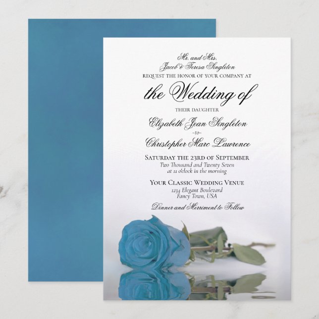 Elegante türkisfarbene blaue Rose feierliche Hochz Einladung (Vorne/Hinten)