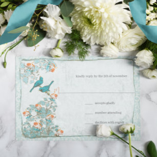 Elegante türkisfarbene Korallenvögel Damask Hochze RSVP Karte