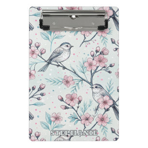 Elegante Türkisvögel Rosa Kirschblüten Mini Klemmbrett