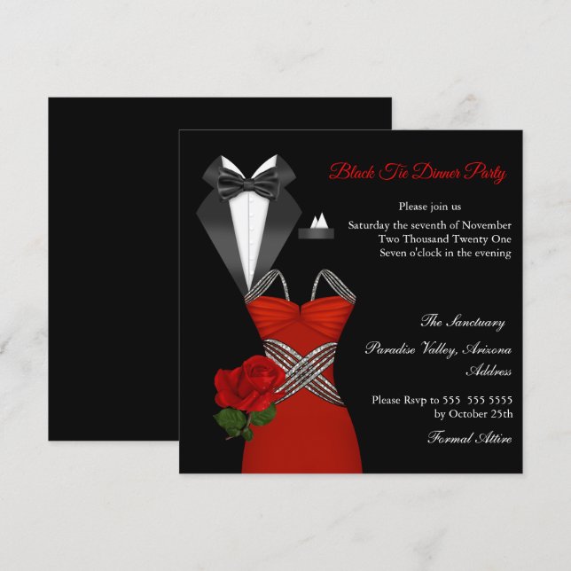 Elegante Tux Rote Rose Schwarze Krawatte Dress Din Einladung (Vorne/Hinten)