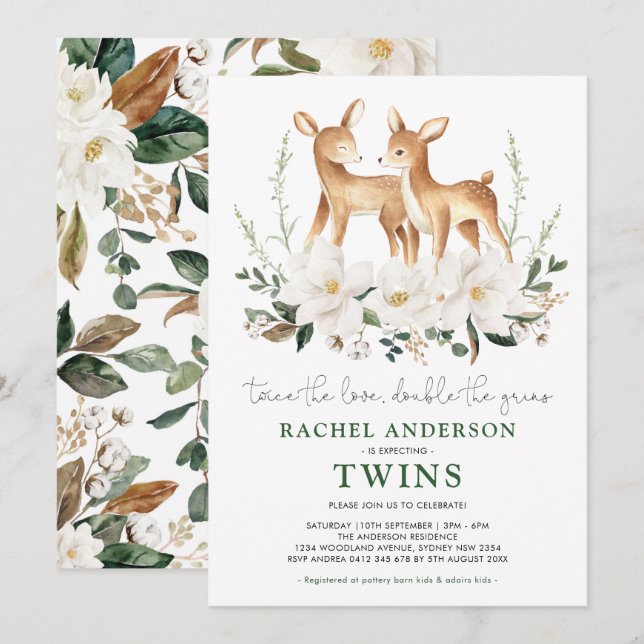 Elegante Twin Deer White Blume Babydusche Einladung (Vorne/Hinten)