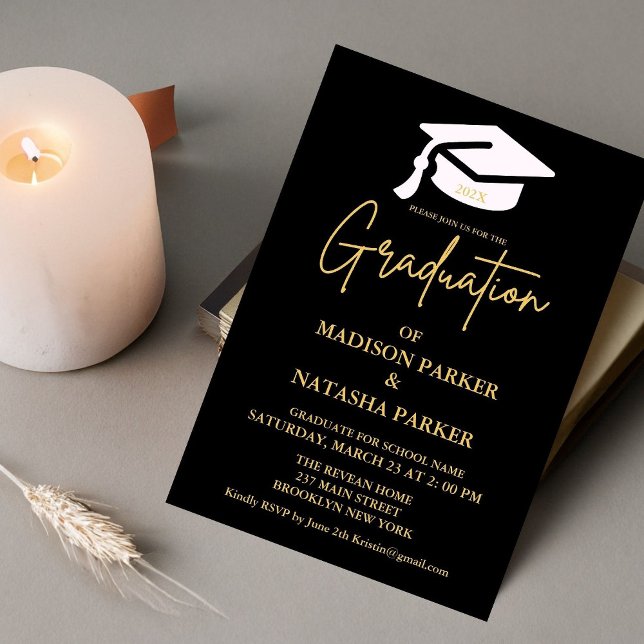 Elegante Twin Gold Calligraphy Graduation Party Einladung (Von Creator hochgeladen)