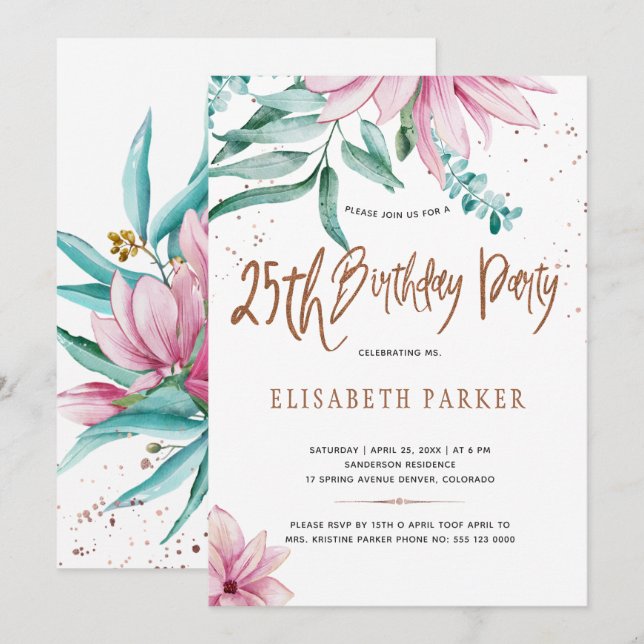 Elegante Typografie 25. Blumengeburtstag Einladung (Vorne/Hinten)