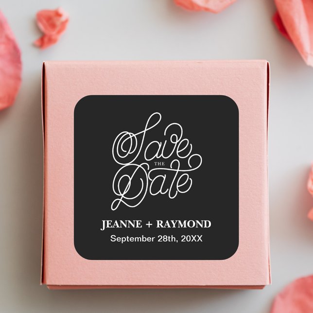 Elegante Typografie Black Wedding Save the Date Quadratischer Aufkleber (Von Creator hochgeladen)