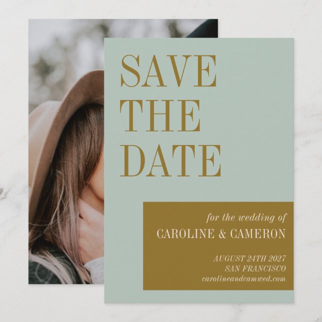 Elegante Typografie Blue Gold Foto Hochzeit Save The Date (Vorne/Hinten)