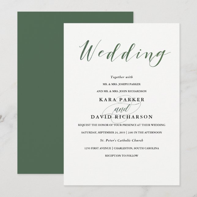 Elegante Typografie | Deep Green Wedding Einladung (Vorne/Hinten)