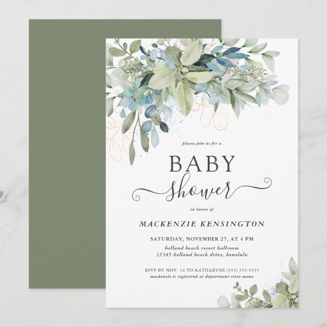 Elegante Typografie Eucalyptus Greenery Baby Showe Einladung (Vorne/Hinten)