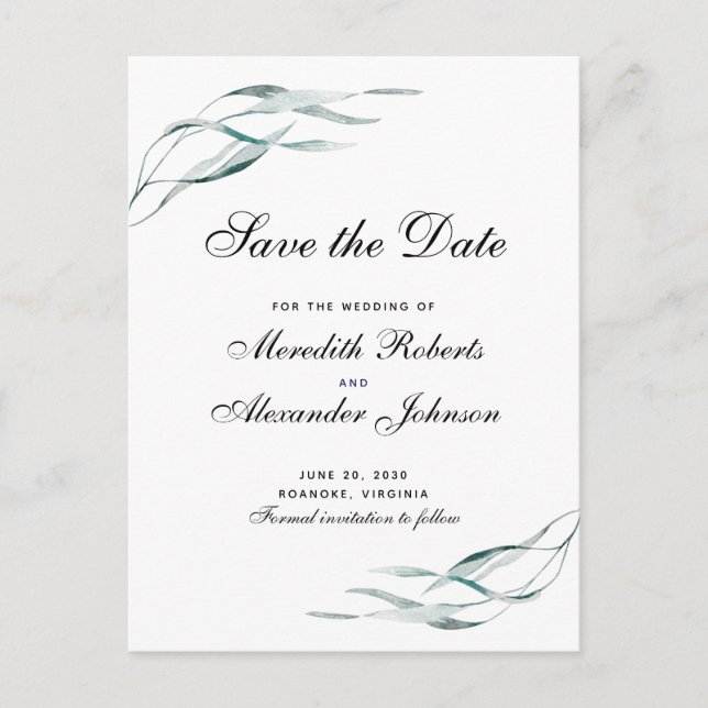 Elegante Typografie Eukalyptus-Blätter Save the Da Ankündigungspostkarte (Vorderseite)