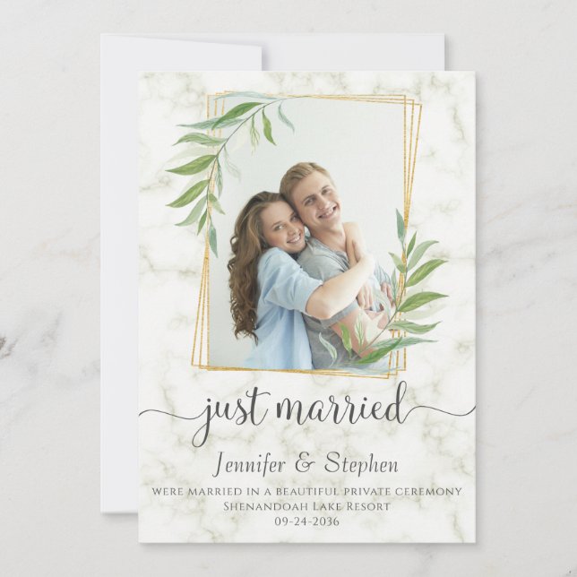 Elegante Typografie Eukalyptus Marble Elopement Ankündigung (Vorderseite)