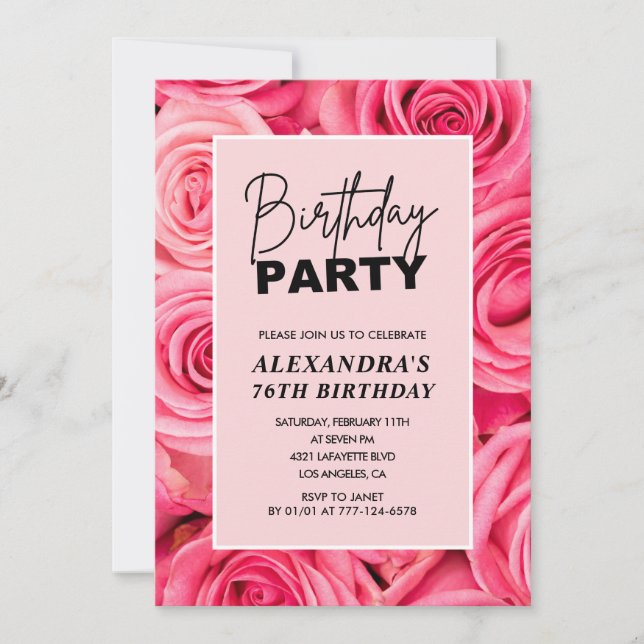 Elegante Typografie Floral Pink Roses 76. Geburtst Einladung (Vorderseite)