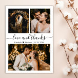 Elegante Typografie Foto Collage Wedding Dankeskarte<br><div class="desc">Elegantes, modernes, weißes und schwarzes handgeschriebenes Skript Hochzeit 3 Foto Collage Dankeschön Karte. Stilvolle Hochzeit danke Ihnen Karte Vorlage mit (3) drei Foto auf der Vorderseite und (1) ein Foto auf der Rückseite. Mit dem Text "Liebe und Dank" Skript in einer kursiven Wirblen Hand Schrift Typografie Swash-Schwanz Schriftart in schwarz...</div>