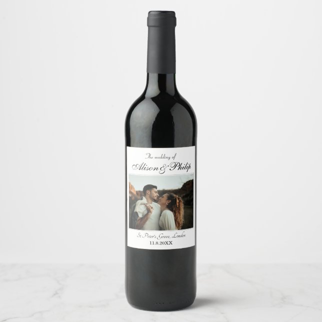 Elegante Typografie Fotovorlage Hochzeit Weinetikett (Vorderseite)