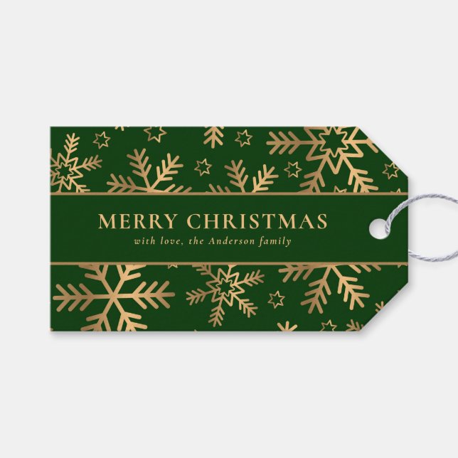 Elegante Typografie Green Gold Weihnachtsschneeflo Geschenkanhänger (Vorderseite (Horizontal))