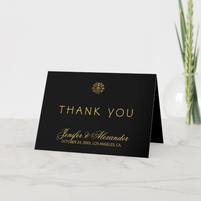 Elegante Typografie-Hochzeit mit FOTO in Schwarz u Dankeskarte (Vorderseite)