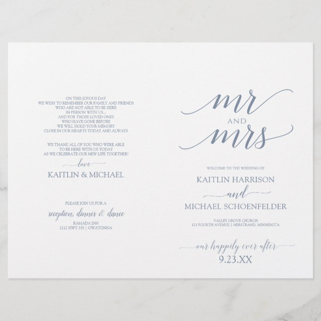 Elegante Typografie Hochzeitsprogramme Dusty Blue  (Vorderseite)