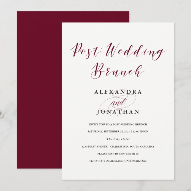 Elegante Typografie | Marsala Post Wedding Brunch Einladung (Vorne/Hinten)