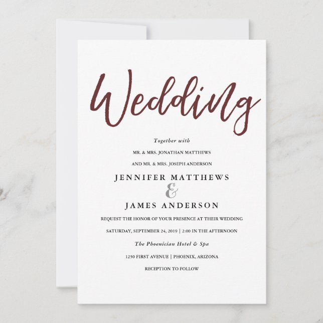 Elegante Typografie | Marsala Red Wedding Card Einladung (Vorderseite)