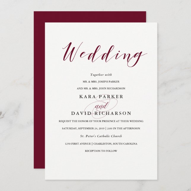 Elegante Typografie | Marsala Wedding Einladung (Vorne/Hinten)
