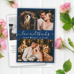 Elegante Typografie Navy Foto Collage Vielen Dank Dankeskarte<br><div class="desc">Elegante, Minimalistische Hand Lettered Wedding 3 Foto Collage Danke Karte in Navy Farbe. Stilvolle Hochzeit dank Karte Vorlage mit drei Foto auf der Vorderseite und ein Foto auf der Rückseite. Mit dem Text "Liebe und Dank" in einer Wirblen Hand gezeichnet Typografie Skript-Schriftart in Weiß auf tiefblau marineblau Hintergrund. Personalisieren Sie...</div>