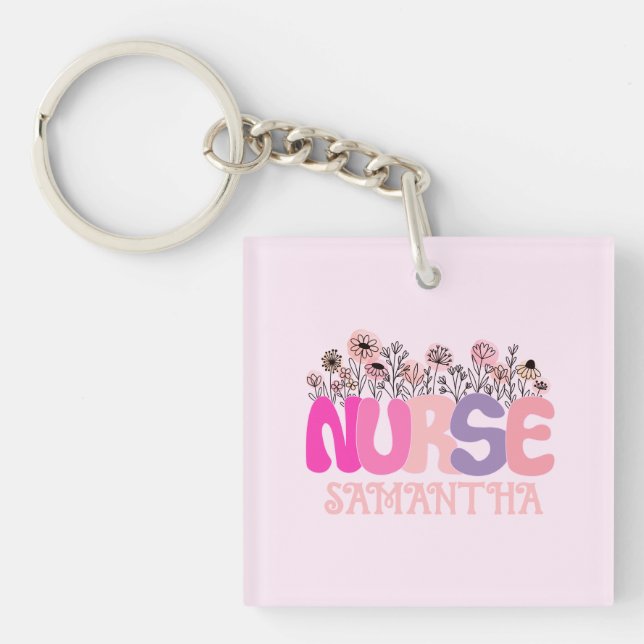 Elegante Typografie "Nurse" mit pulsierender Blüte Schlüsselanhänger (Vorderseite)