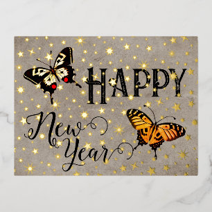 Elegante Typografie Schmetterling Sterne Rustikal Folien Feiertagspostkarte