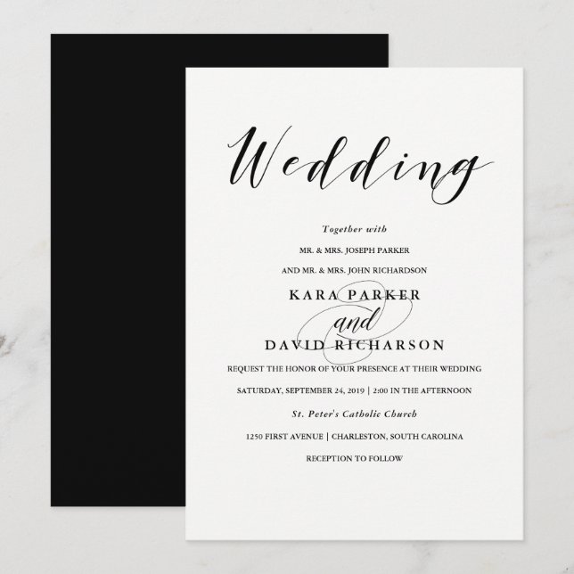 Elegante Typografie | Schwarz-Weiß-Hochzeit Einladung (Vorne/Hinten)