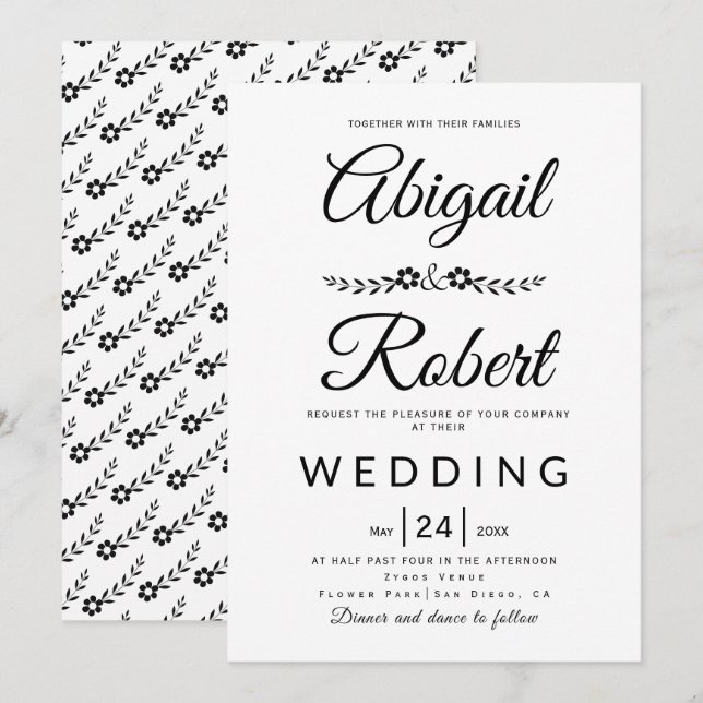 Elegante Typografie Schwarz-weiße Blume Hochzeit Einladung (Vorne/Hinten)