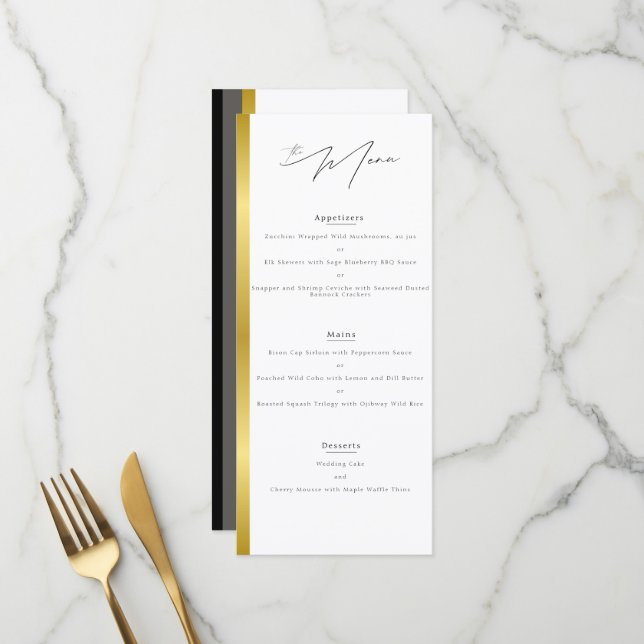 Elegante Typografie Schwarz-weiße Goldstreifen-Hoc Menükarte (Vorderseite/Rückseite Beispiel)