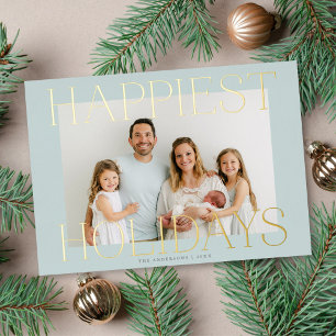 Elegante Typografie Weihnachts-Foto Aqua + Gold Folien Feiertagskarte