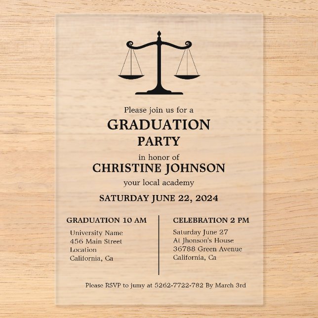 Elegante Typografy Law School Graduation Party Acryleinladungen (Vorderseite)