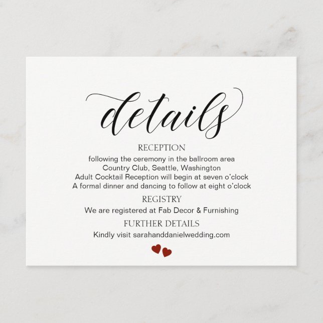 Elégante Typographie Détails du Mariage Carte de b (Devant)