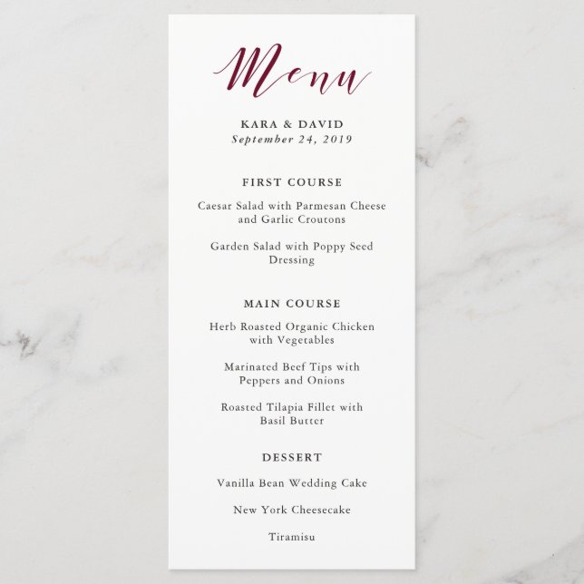 Élégante typographie | Menu Mariage Marsala (Devant)