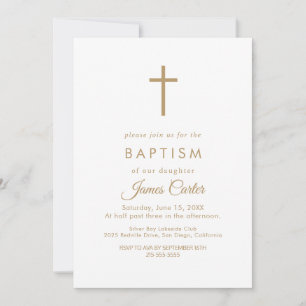 Élégante Typographie Or Croix Baptême Invitation