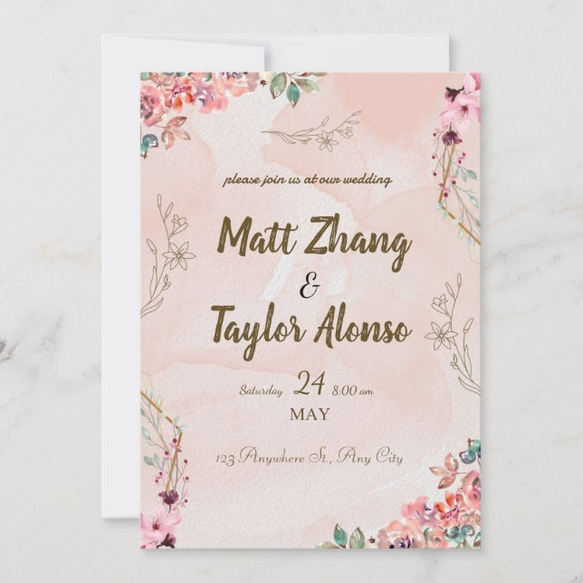 Elegante und einfache Hochzeitseinladung mit Blume Einladung (Vorderseite)