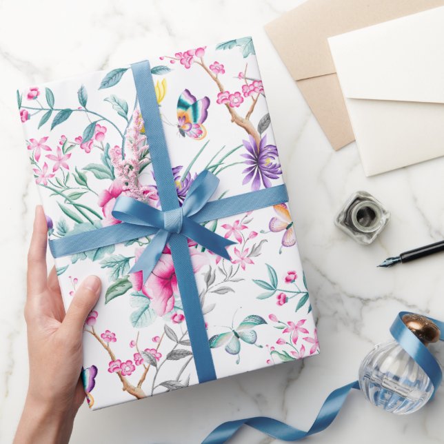 Elegante und farbenfrohe Blume und Schmetterlinge Geschenkpapier (Schenken)
