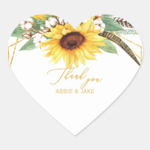 Elegante und fröhliche Sonnenblumenfeder Hochzeit Herz-Aufkleber
