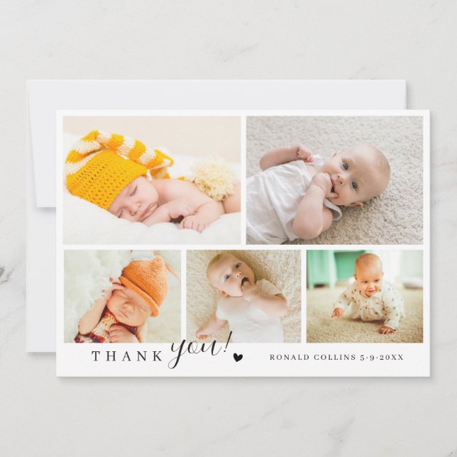 Elegante und moderne 5 Foto Collage Baby Dusche Dankeskarte (Vorderseite)