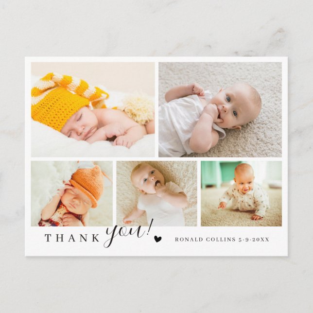 Elegante und moderne 5 Foto Collage Baby Dusche Postkarte (Vorderseite)