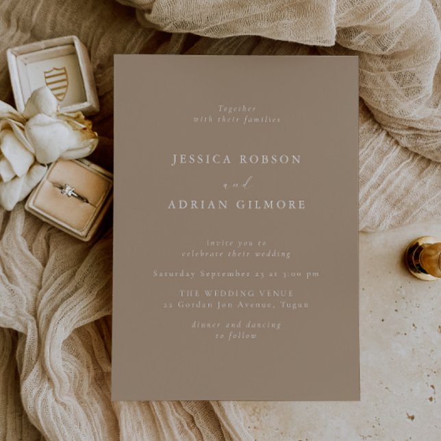 Elegante und moderne, blassgelbe Taupe Hochzeit Einladung (Von Creator hochgeladen)