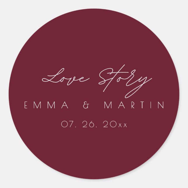 Elegante und moderne Burgundy Script Wedding Runder Aufkleber (Vorderseite)