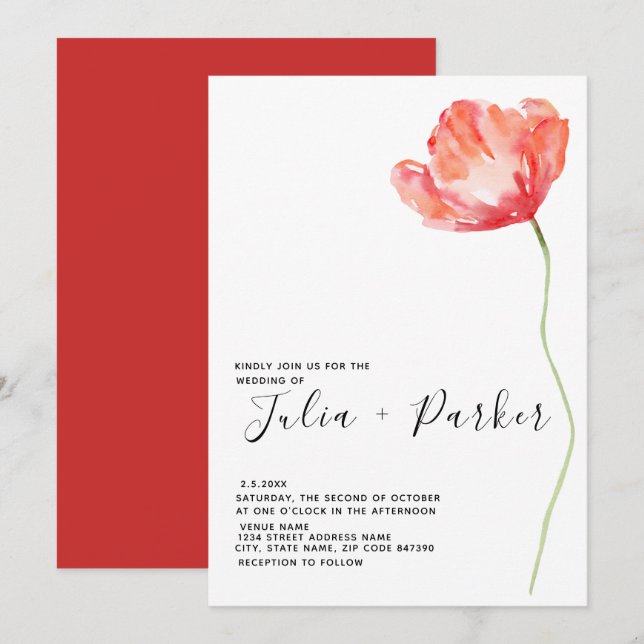Elegante und moderne Mohnblütenhochzeit Einladung (Vorne/Hinten)