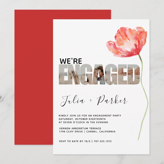 Elegante und moderne Mohnroter Engagement-Partei Einladung (Vorne/Hinten)