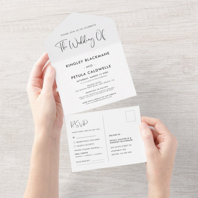Elegante und moderne Schwarz-Weiß-Hochzeit All In One Einladung (Abreißen)