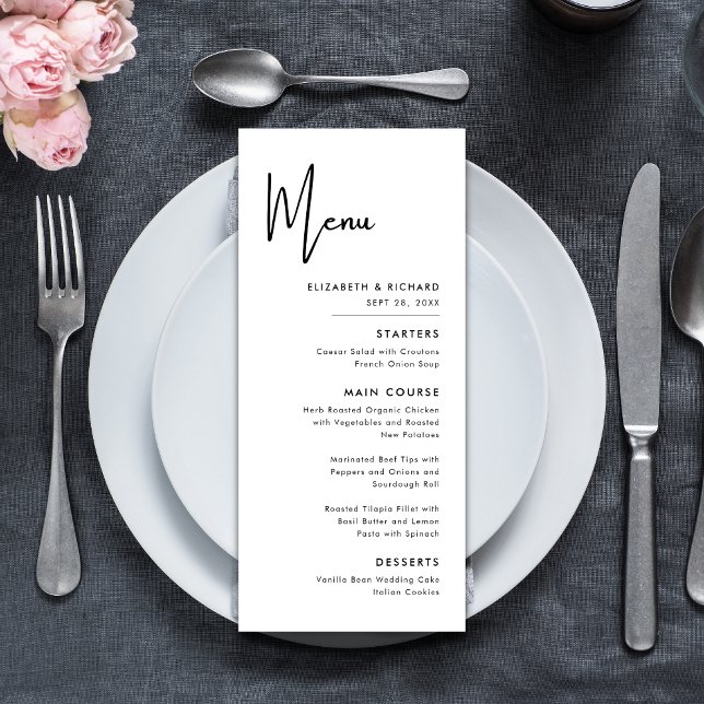 Elegante und moderne Schwarz-Weiß-Hochzeit Menükarte (Von Creator hochgeladen)