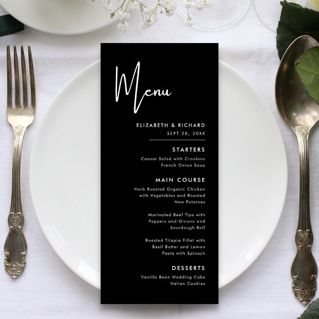 Elegante und moderne Schwarz-Weiß-Hochzeit Menükarte (Von Creator hochgeladen)