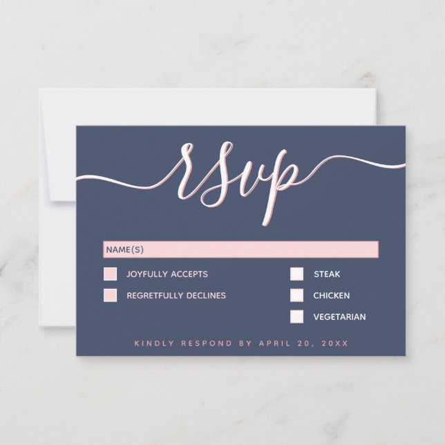 Elegante und moderne Script Navy & Blush Wedding R RSVP Karte (Vorderseite)