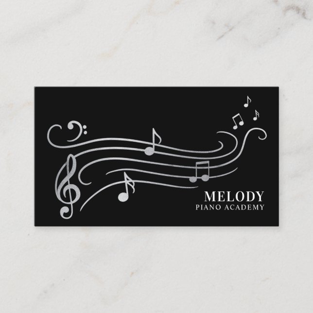 Elegante und raffinierte Silver & Black Piano Musi Visitenkarte (Vorderseite)